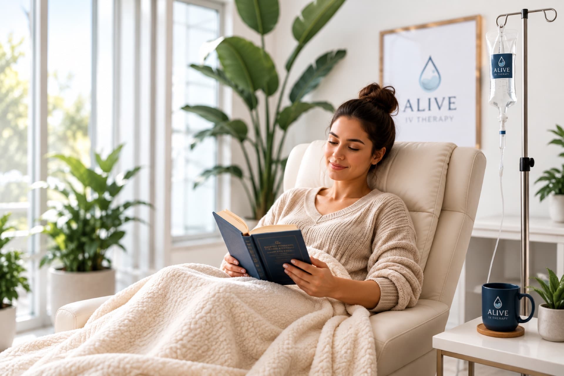 A patient relaxing under a blanket during an IV infusion in the ALIVE treatment room